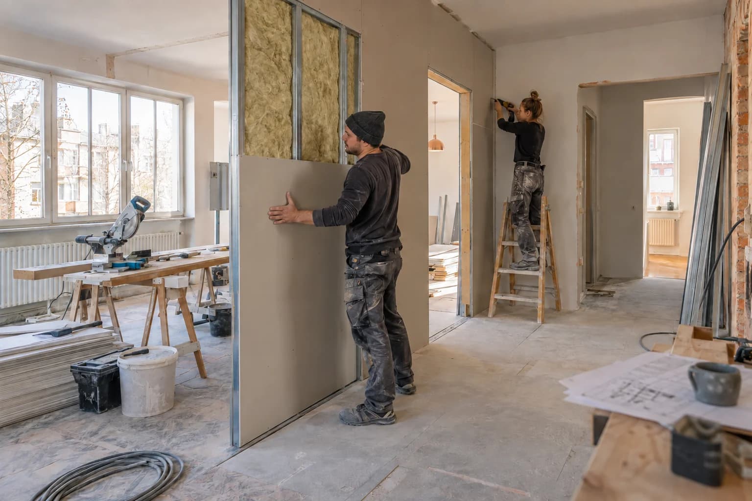 Zwei Handwerker schließen eine gedämmte Trockenbauwand mit Gipskartonplatten