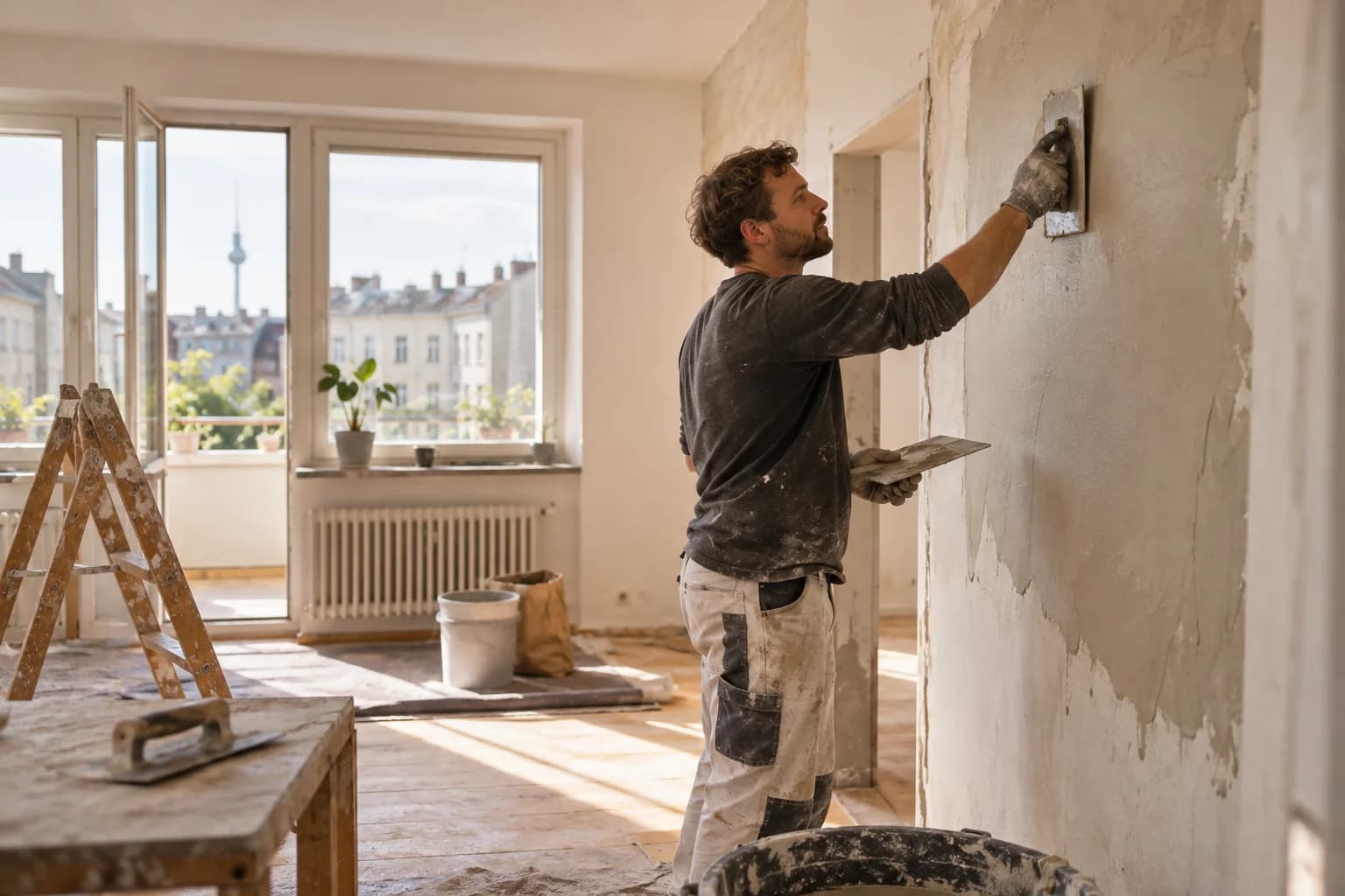 Handwerker verputzt eine Wand in einer Wohnung