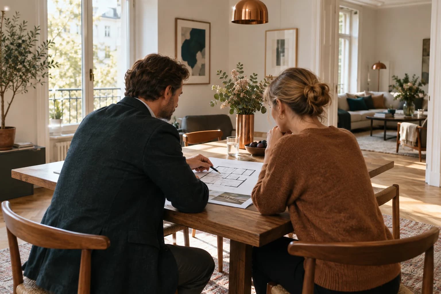 Beratungsgespräch mit Eigentümerin an einem Tisch in einer Wohnung