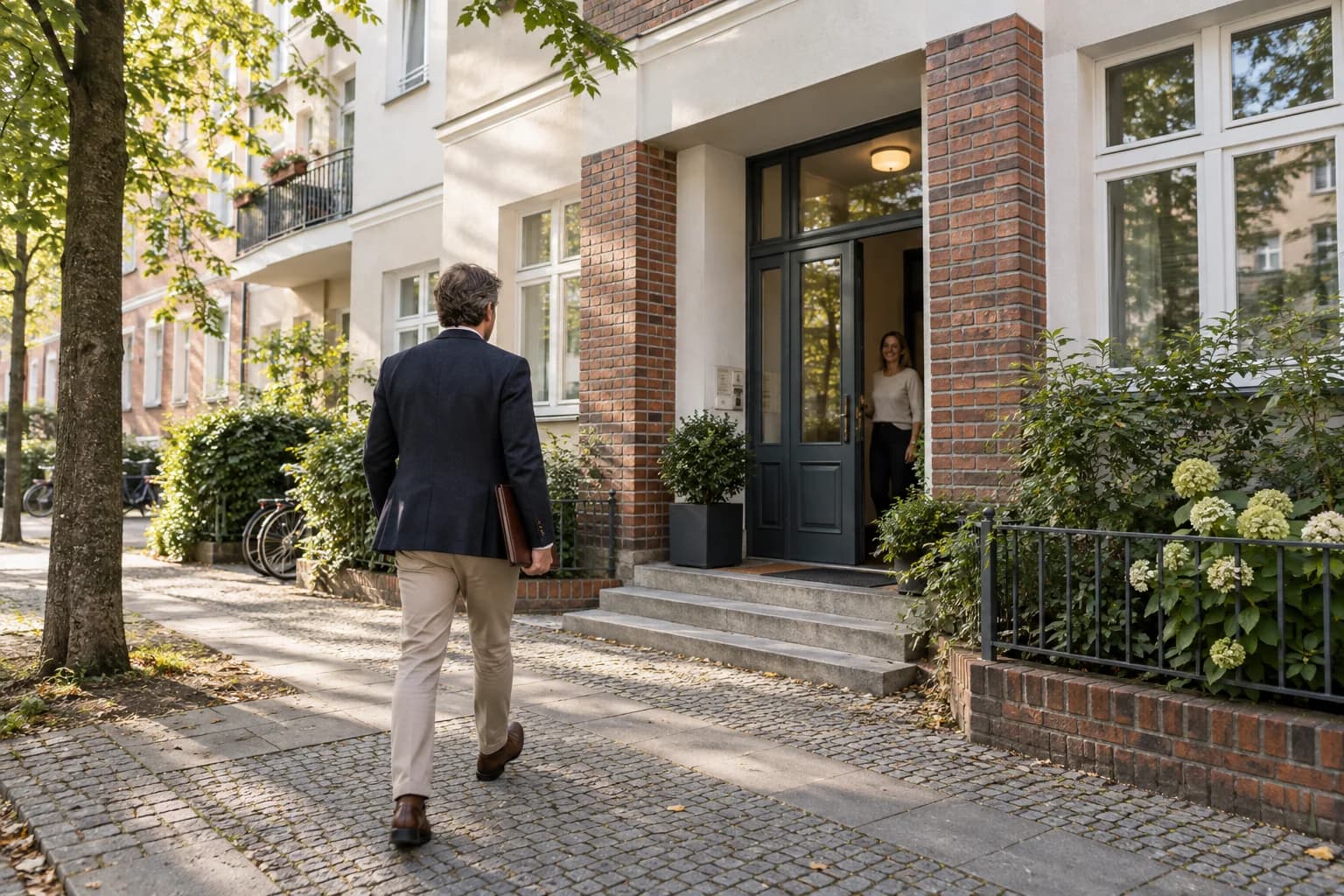 Eingang eines Wohnhauses mit Person auf dem Weg zum Gebäude